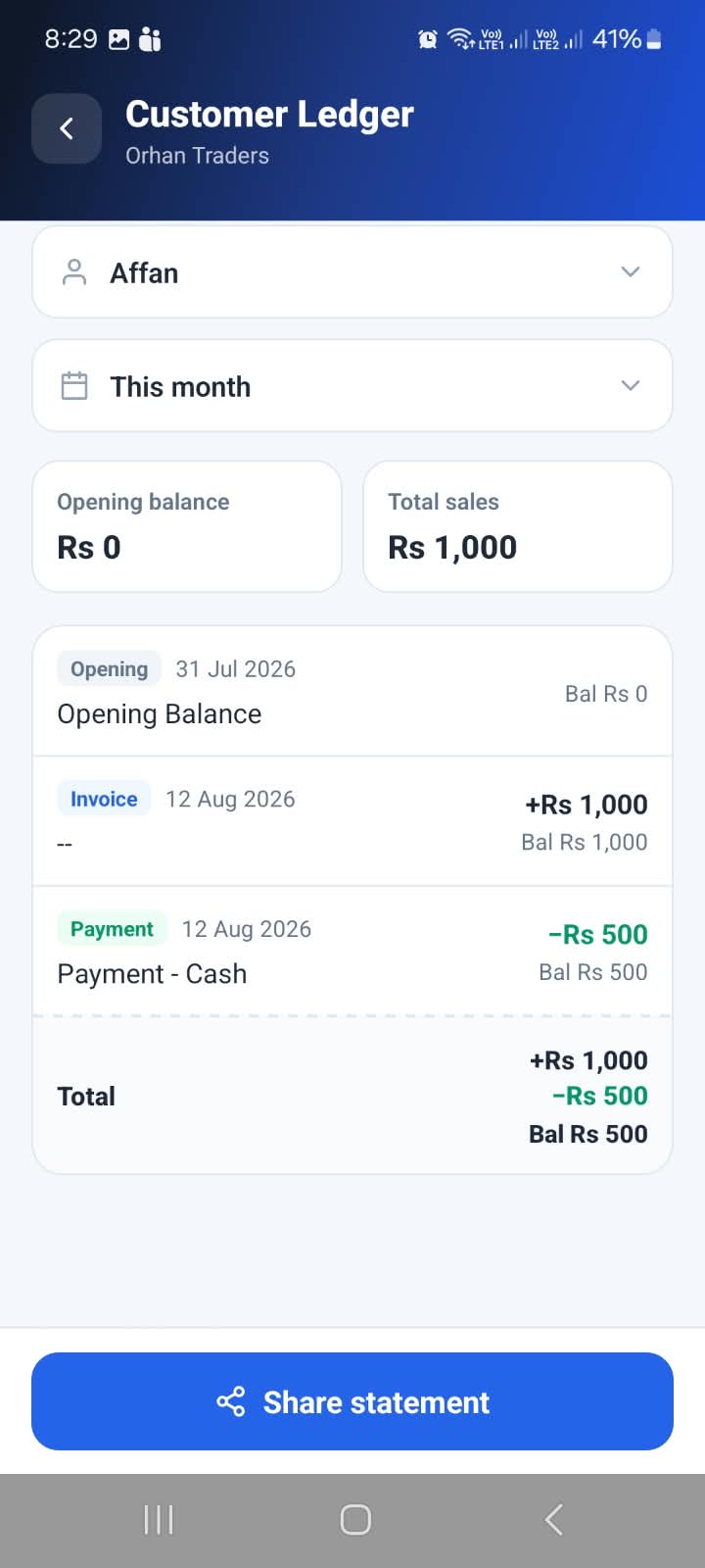 Smart Stock app — customer ledger with running balance