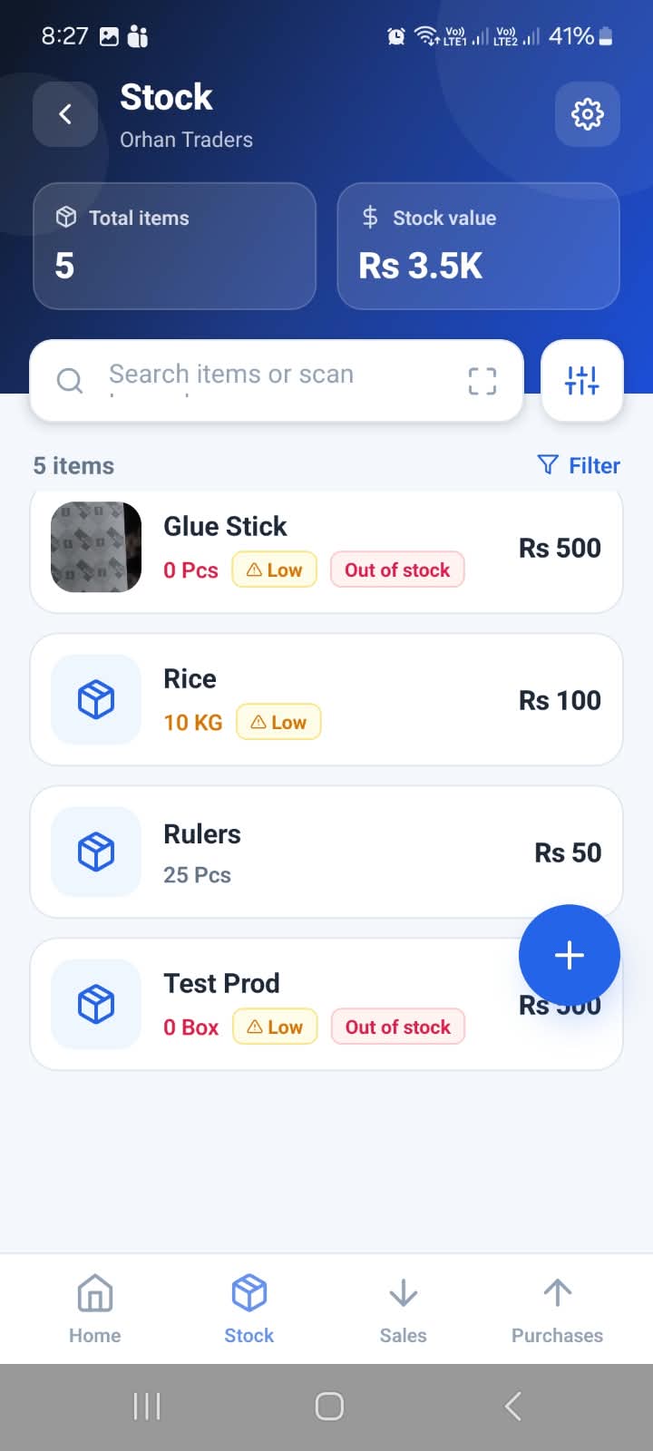 Smart Stock app — stock list with low and out-of-stock alerts